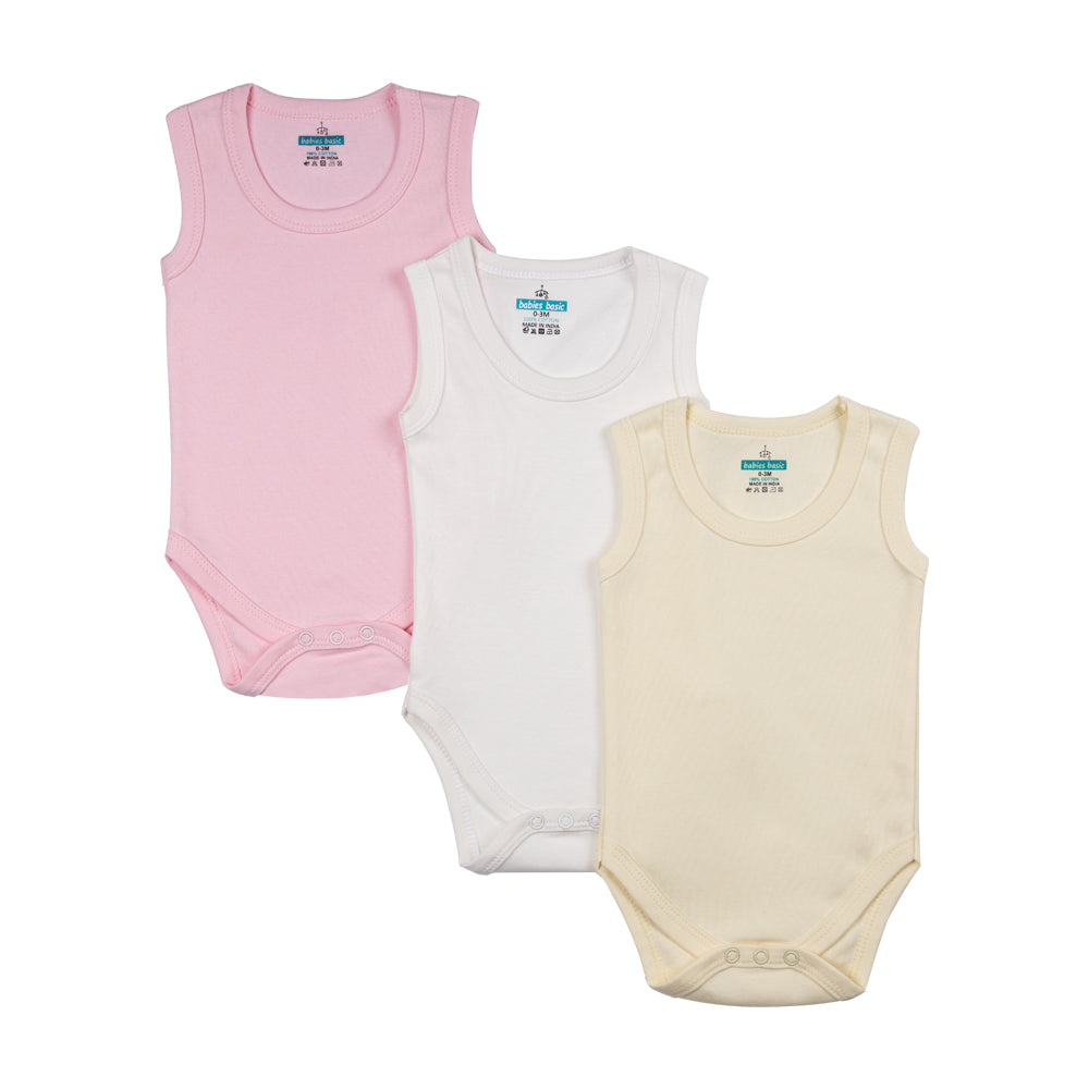 Sleeveless Romper/Bodysuit, Up-to 24 Months. Set Of 3 - Pink, Cream, White