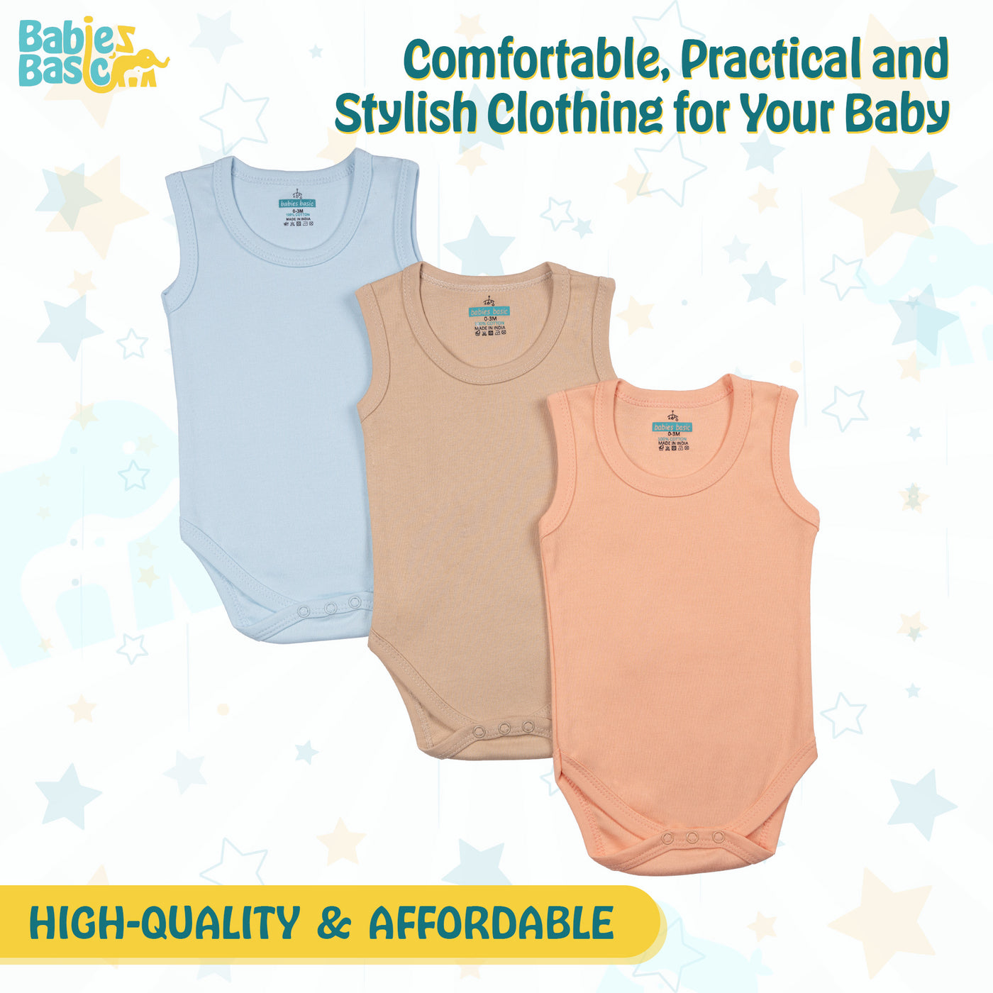 Set of 3 Sleeveless Rompers/Bodysuits (Blue, Camel, Peach) - Up to 24 Months | 100% Cotton |  For Cool & Comfortable Baby Wear