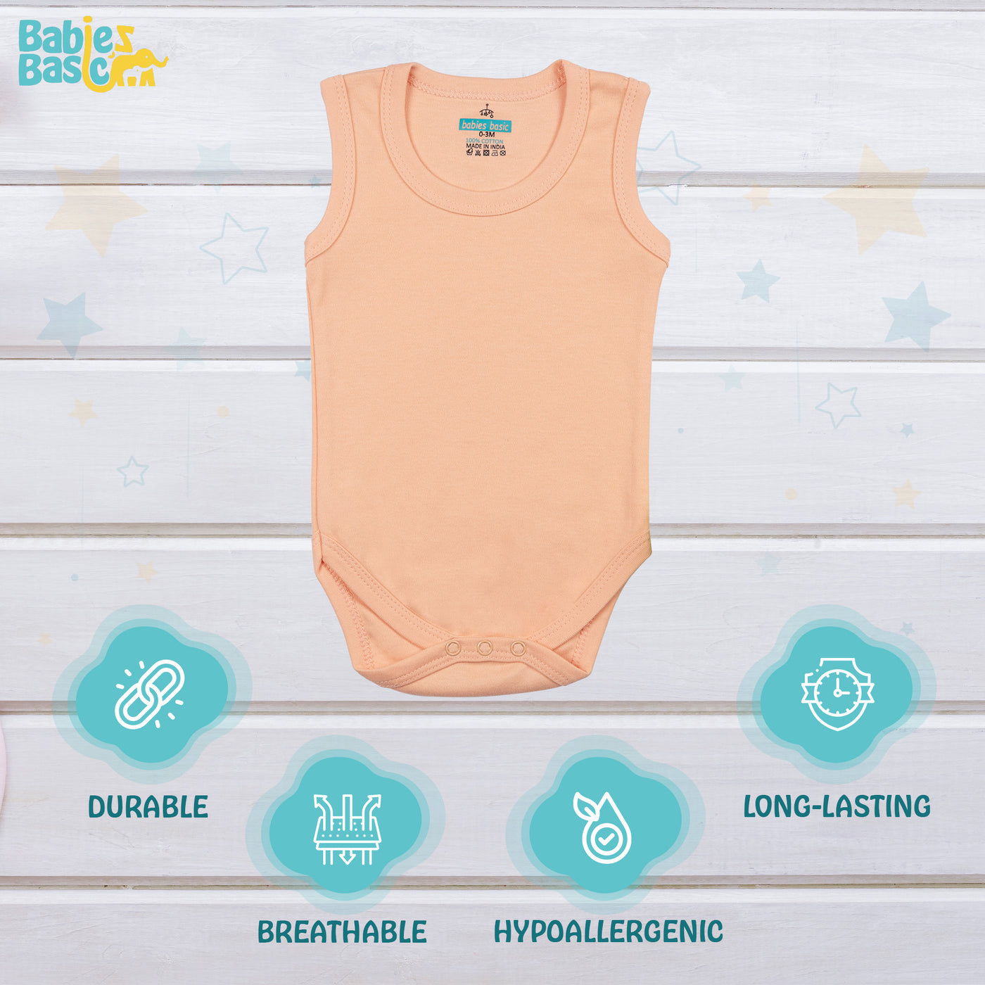 Set of 3 Sleeveless Rompers/Bodysuits (Blue, Camel, Peach) - Up to 24 Months | 100% Cotton |  For Cool & Comfortable Baby Wear