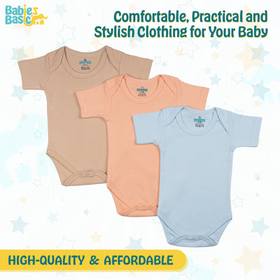 Set of 3 Short Sleeves Rompers/Bodysuits (Blue, Camel, Peach) - Up to 24 Months | 100% Cotton |  For Soft & Stylish Comfort