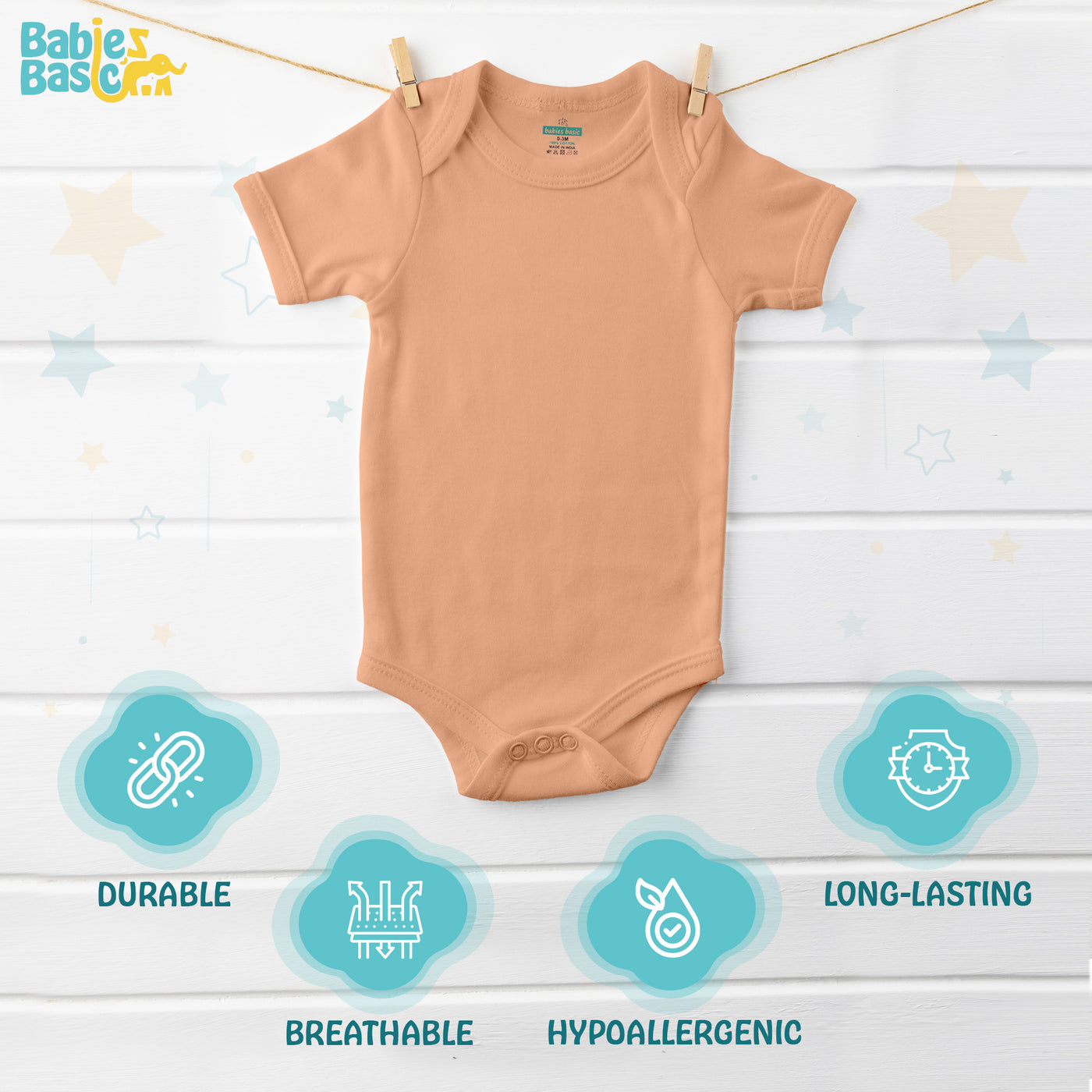 Set of 3 Short Sleeves Rompers/Bodysuits (Blue, Camel, Peach) - Up to 24 Months | 100% Cotton |  For Soft & Stylish Comfort