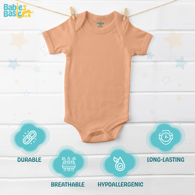 Set of 3 Short Sleeves Rompers/Bodysuits (Blue, Camel, Peach) - Up to 24 Months | 100% Cotton |  For Soft & Stylish Comfort