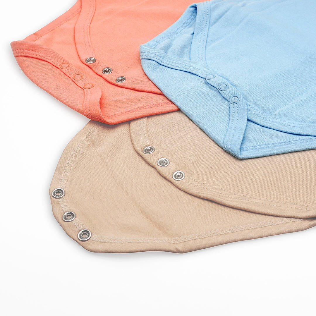 Set of 3 Long Sleeves Rompers/Bodysuits (Blue, Camel, Peach) - Up to 24 Months | 100% Cotton |