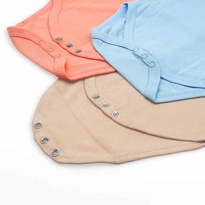 Set of 3 Long Sleeves Rompers/Bodysuits (Blue, Camel, Peach) - Up to 24 Months | 100% Cotton |