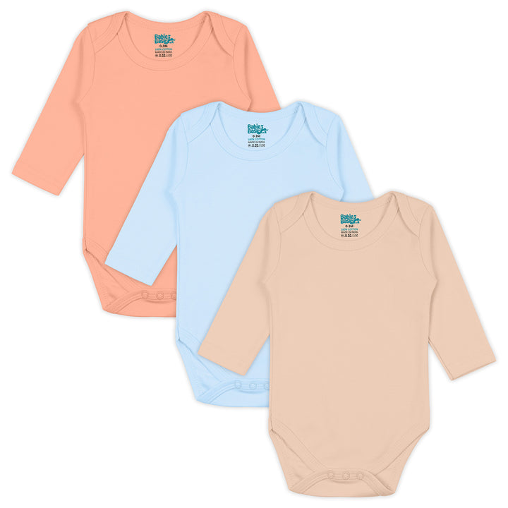 Set of 3 Long Sleeves Rompers/Bodysuits (Blue, Camel, Peach) - Up to 24 Months | 100% Cotton |
