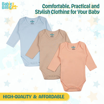 Set of 3 Long Sleeves Rompers/Bodysuits (Blue, Camel, Peach) - Up to 24 Months | 100% Cotton |