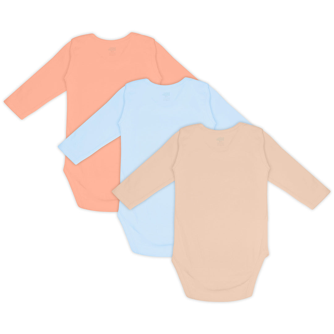 Set of 3 Long Sleeves Rompers/Bodysuits (Blue, Camel, Peach) - Up to 24 Months | 100% Cotton |