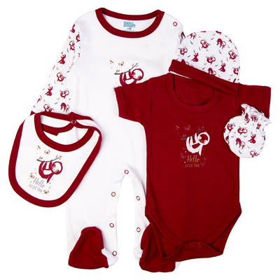 5pc Cotton Set - Bib, Romper, Mittens, Cap, Sleepsuit -  Hello Little One - Red