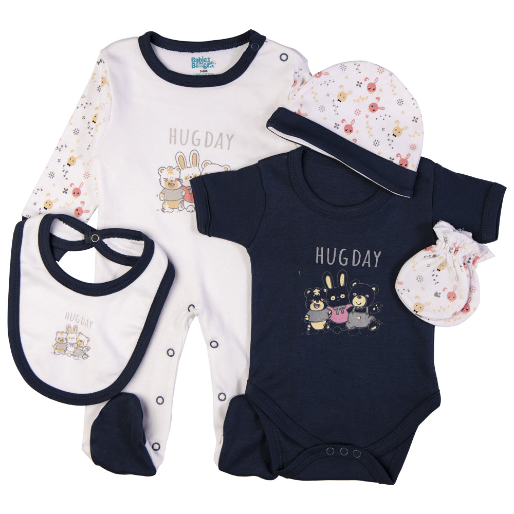 5pc Cotton Set - Bib, Romper, Mittens, Cap, Sleepsuit -  Hug Day - Navy