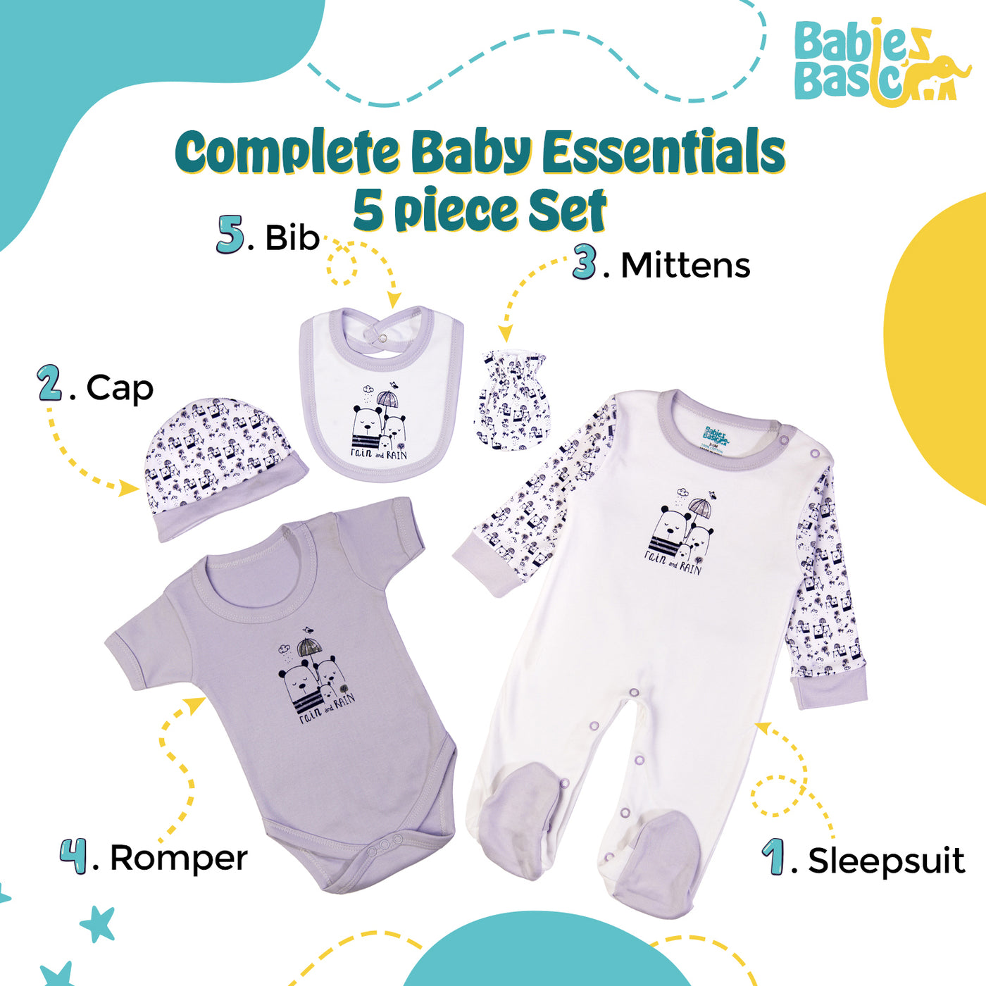 5pc Cotton Set - Bib, Romper, Mittens, Cap, Sleepsuit -  Rain - Lavander