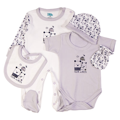 5pc Cotton Set - Bib, Romper, Mittens, Cap, Sleepsuit -  Rain - Lavander