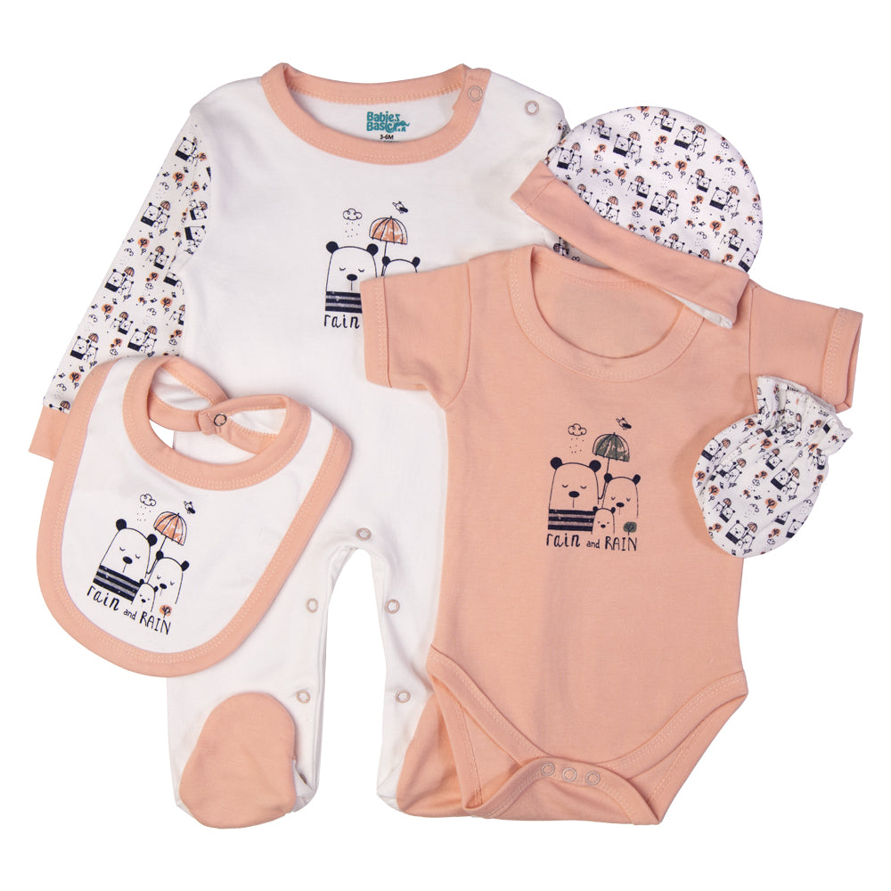 5pc Cotton Set - Bib, Romper, Mittens, Cap, Sleepsuit -  Rain - Peach