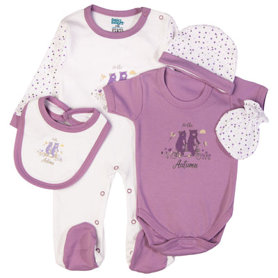 5pc Cotton Set - Bib, Romper, Mittens, Cap, Sleepsuit - Hello Autumn - Mouve