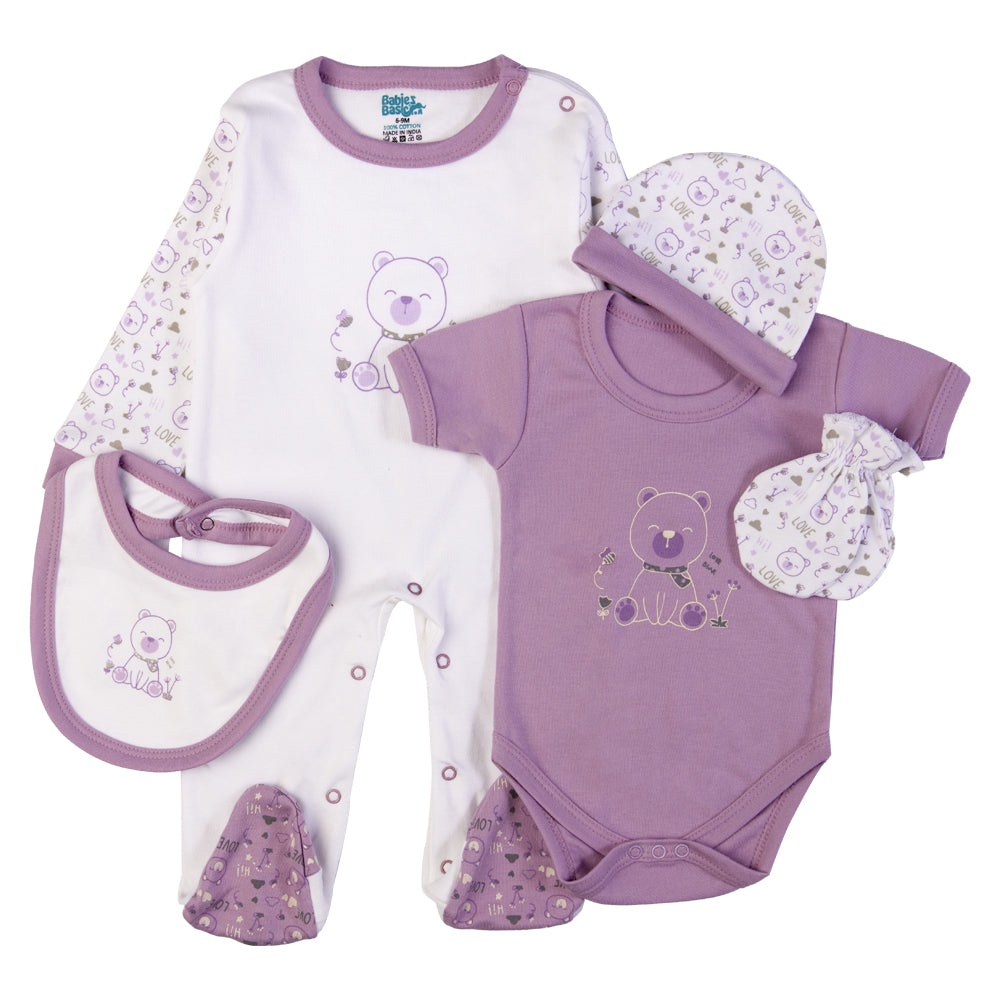 5pc Cotton Set - Bib, Romper, Mittens, Cap, Sleepsuit - Teddy - Mouve