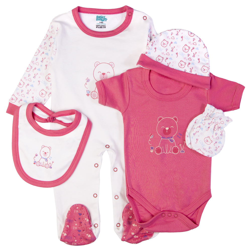 5pc Cotton Set - Bib, Romper, Mittens, Cap, Sleepsuit - Teddy - Red