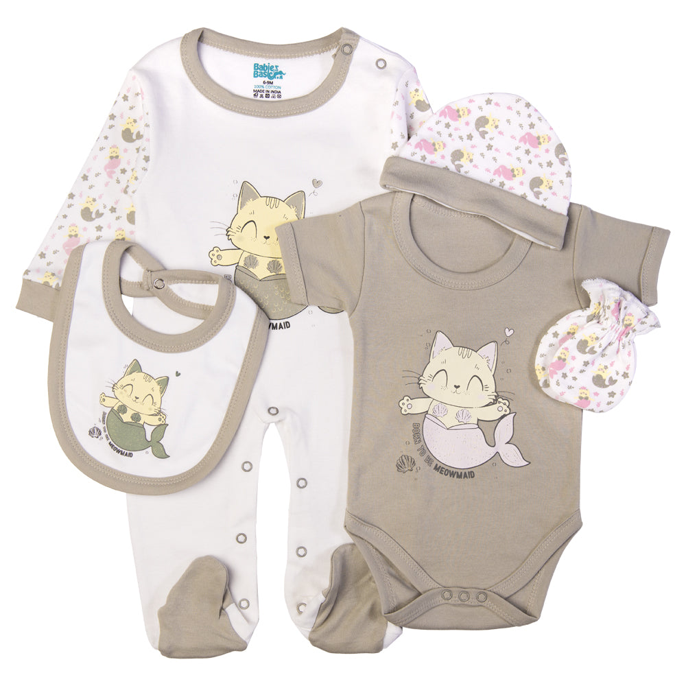 5pc Cotton Set - Bib, Romper, Mittens, Cap, Sleepsuit - Meowmaid - Grey