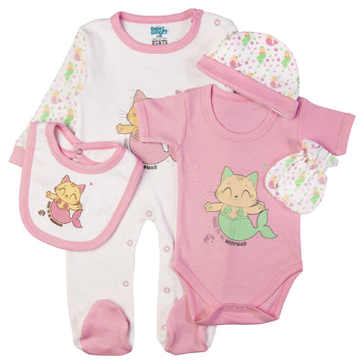 5pc Cotton Set - Bib, Romper, Mittens, Cap, Sleepsuit - Meowmaid - Pink