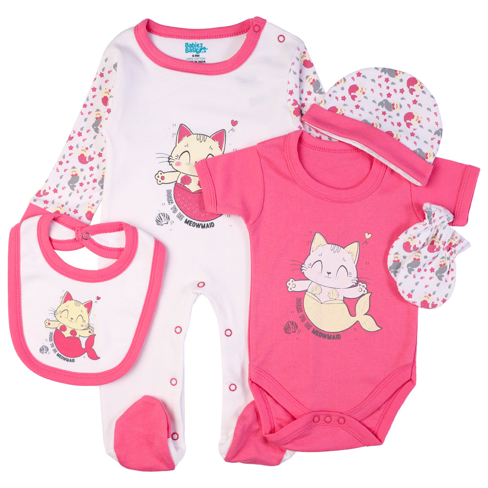 5pc Cotton Set - Bib, Romper, Mittens, Cap, Sleepsuit - Meowmaid - Red