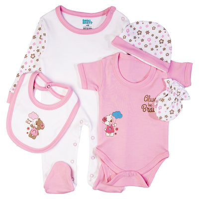 5pc Cotton Set - Bib, Romper, Mittens, Cap, Sleepsuit - Always be Brave - Pink