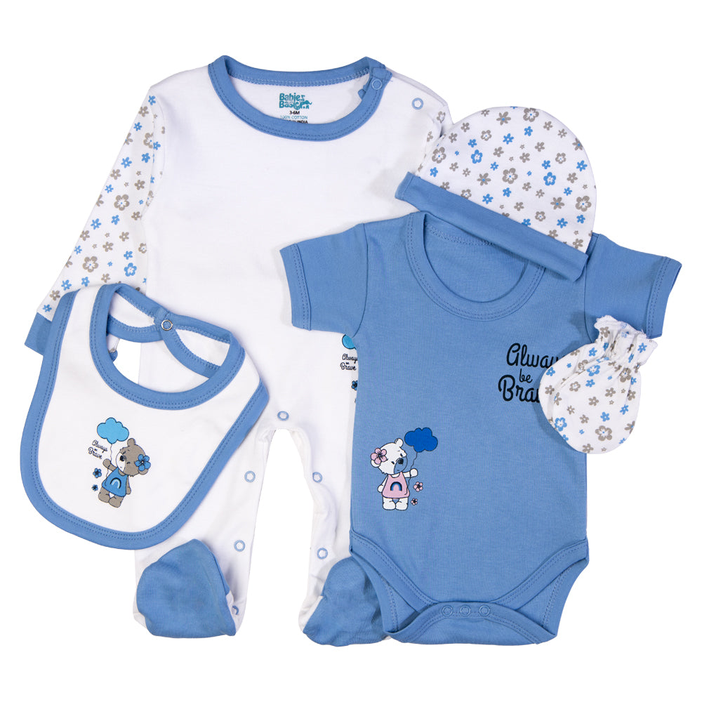 5pc Cotton Set - Bib, Romper, Mittens, Cap, Sleepsuit - Always be Brave - Sky Blue