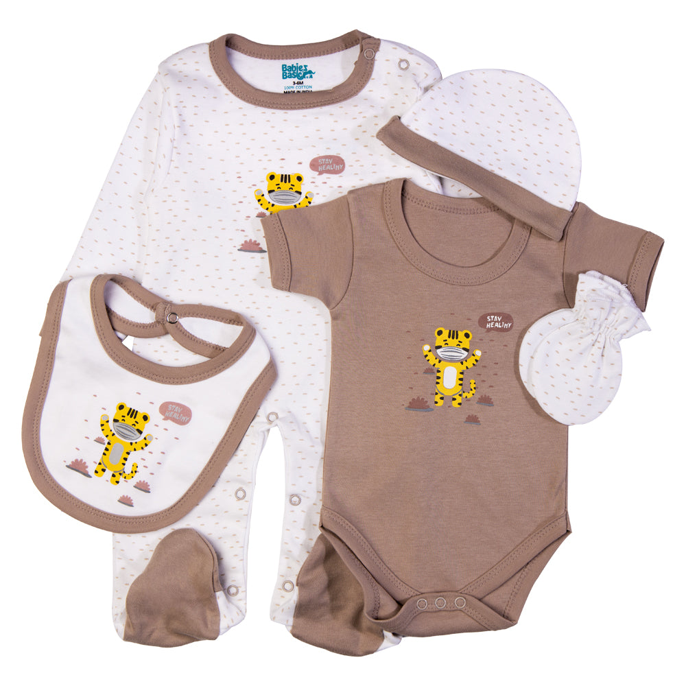 5pc Cotton Set - Bib, Romper, Mittens, Cap, Sleepsuit - Stay Healthy - Grey